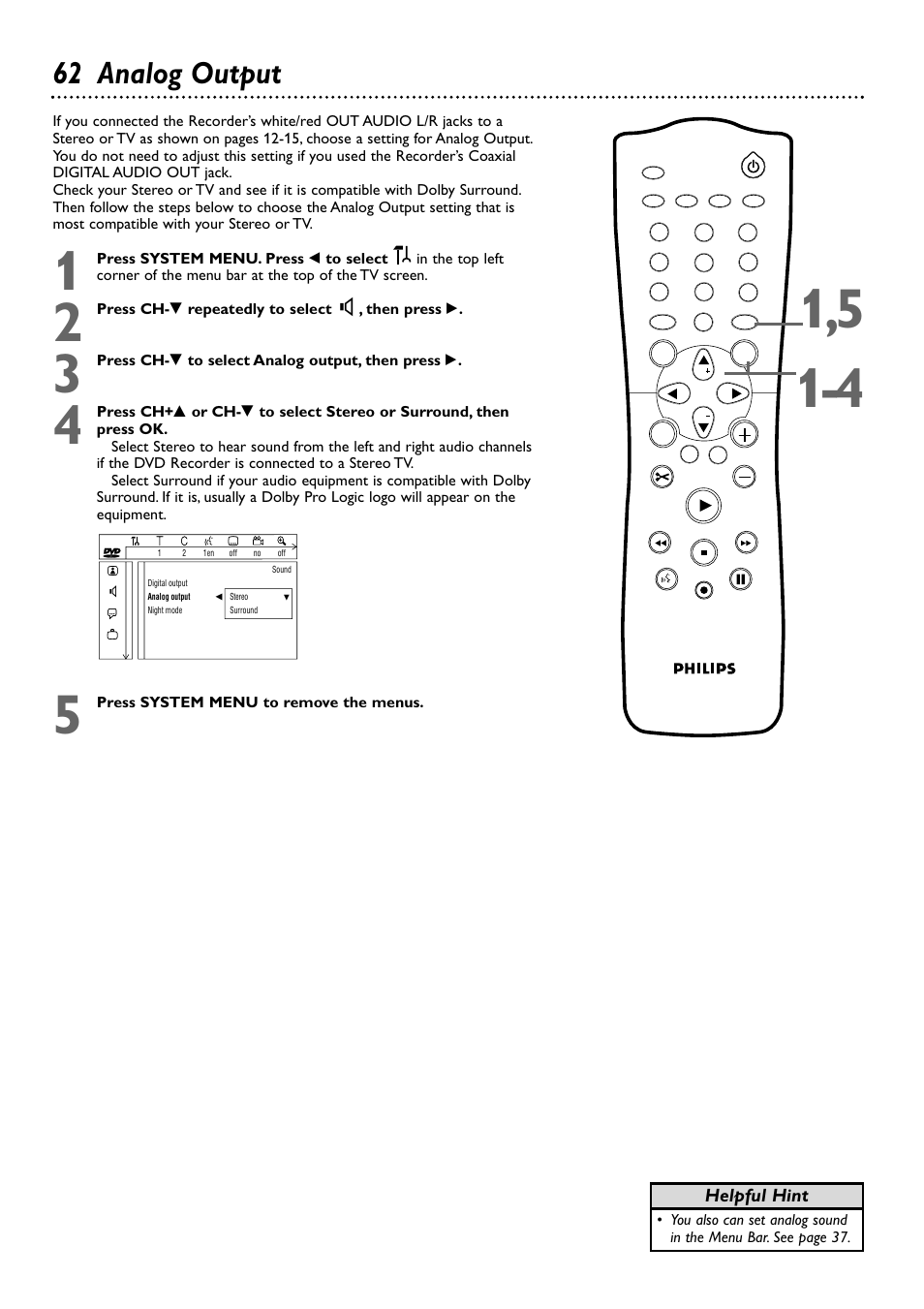 62 analog output, Helpful hint | Philips DVDR72-99 User Manual | Page 62 / 72