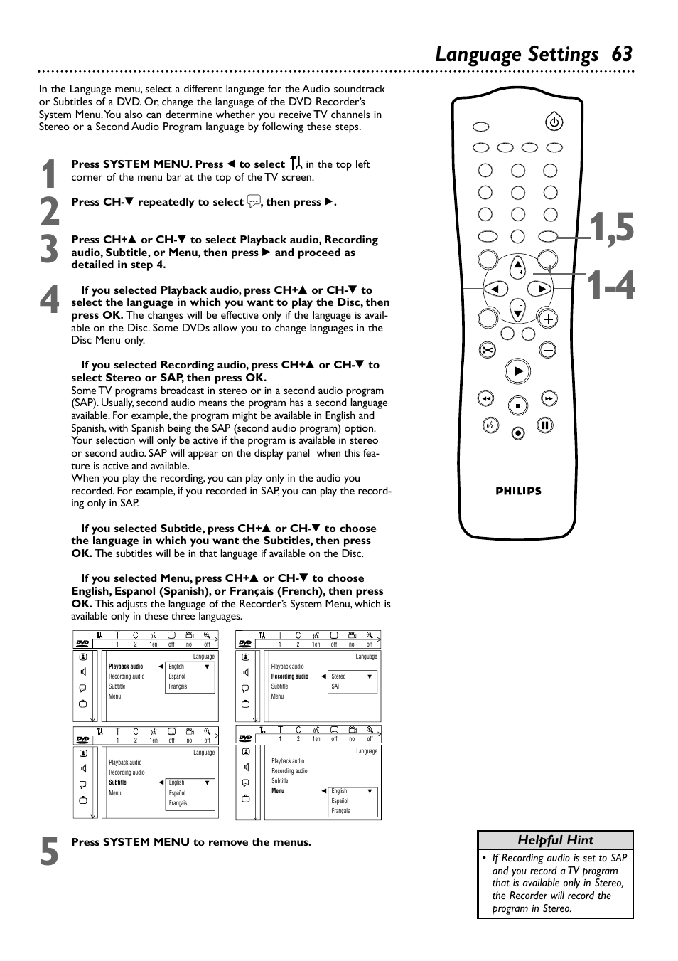 Language settings 63, Helpful hint, Press ch- 9 repeatedly to select | Then press, Press system menu to remove the menus | Philips DVDR72-99 User Manual | Page 63 / 72