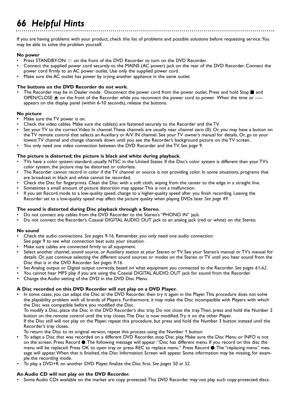 66 helpful hints | Philips DVDR72-99 User Manual | Page 66 / 72