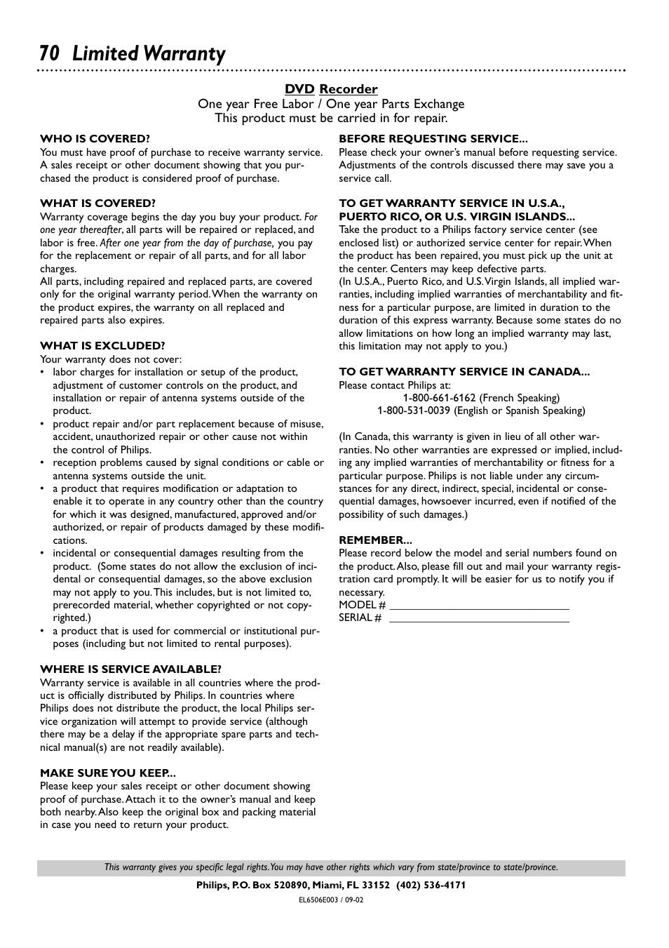 70 limited warranty | Philips DVDR72-99 User Manual | Page 70 / 72