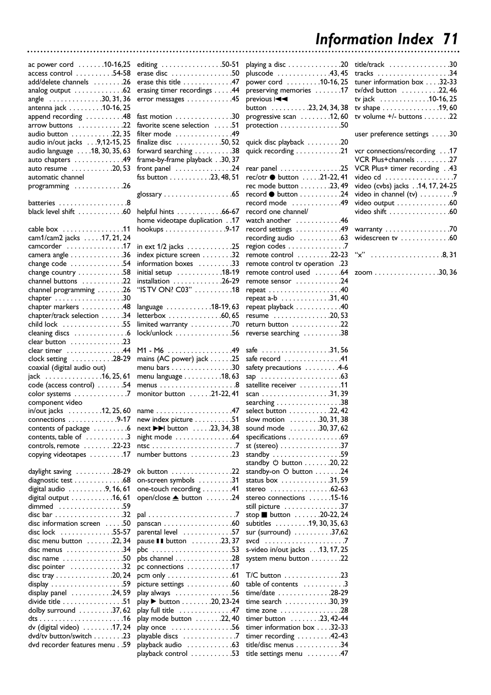 Information index 71 | Philips DVDR72-99 User Manual | Page 71 / 72