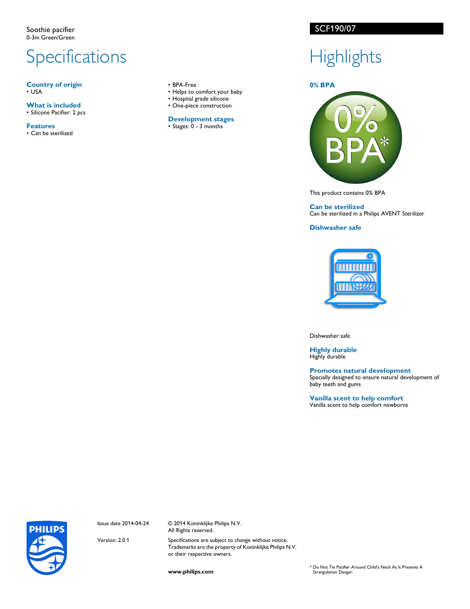 Specifications, Highlights | Philips SCF190-07 User Manual | Page 2 / 2