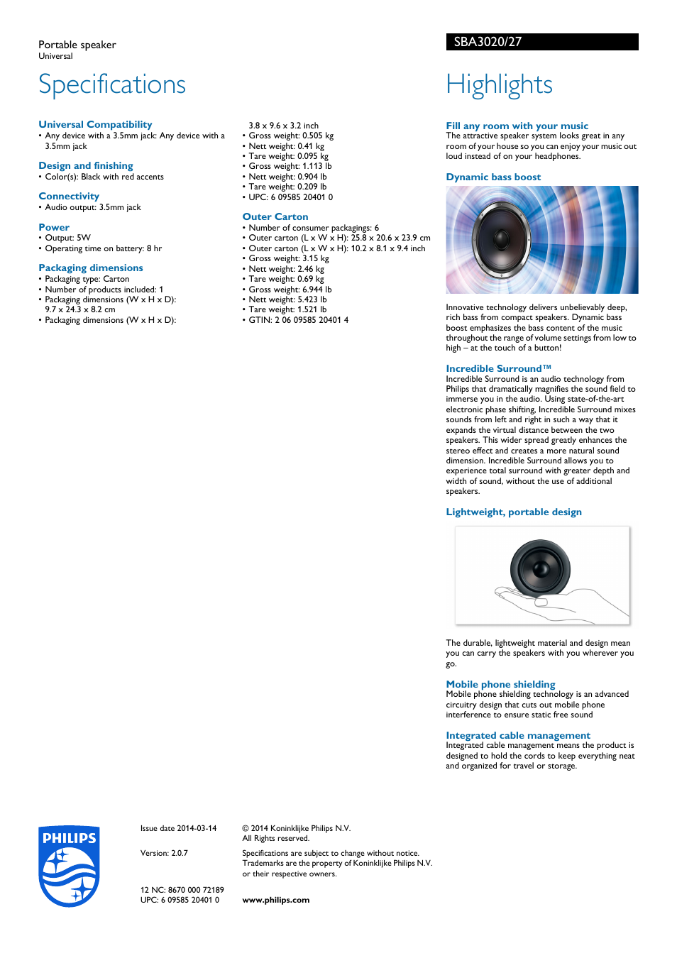 Specifications, Highlights | Philips SBA3020-27 User Manual | Page 2 / 2