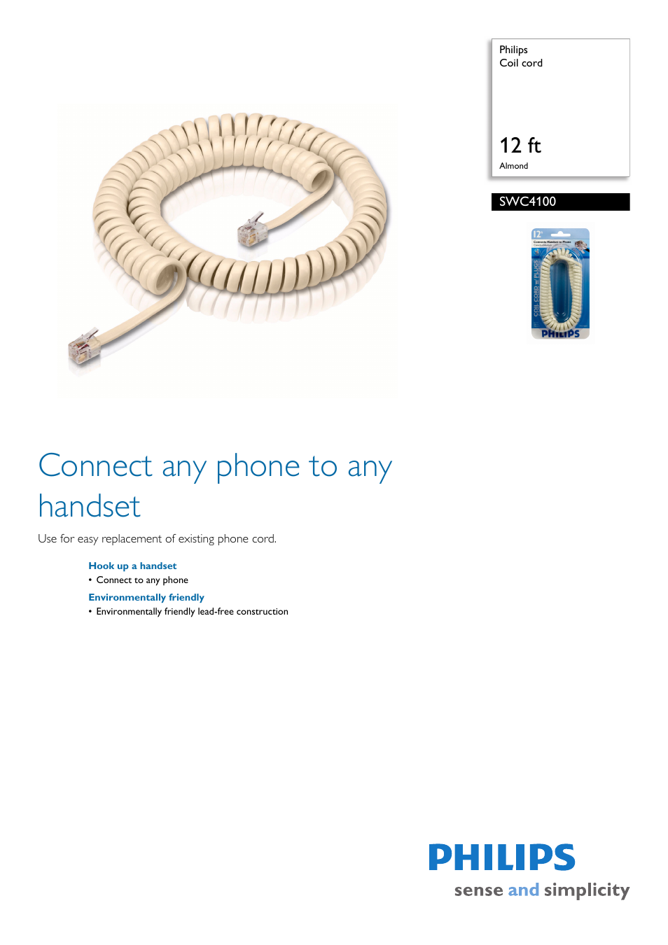 Philips Coil cord SWC4100 12 ft Almond User Manual | 2 pages