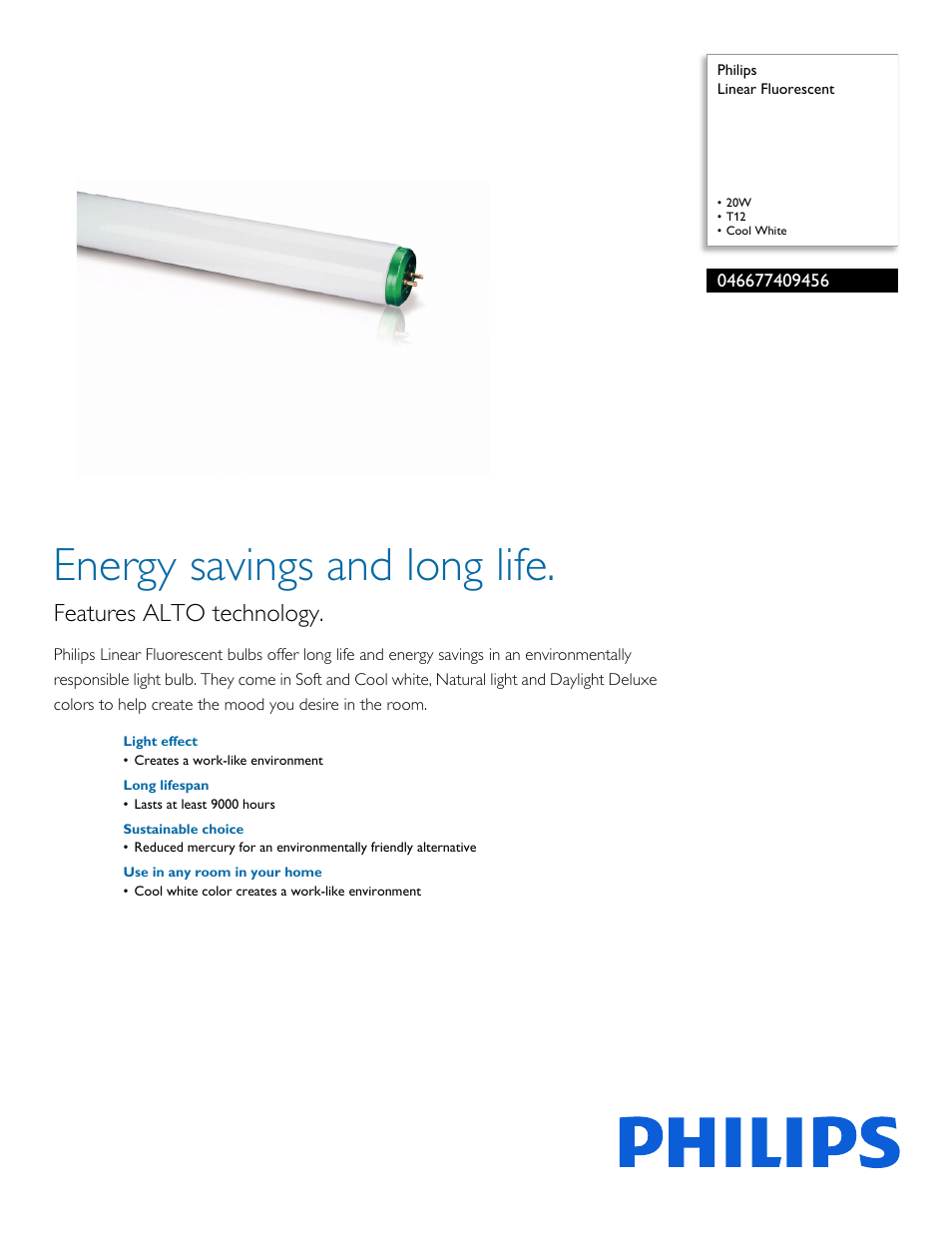 Philips Linear Fluorescent 046677409456 20W T12 Cool White User Manual | 2 pages