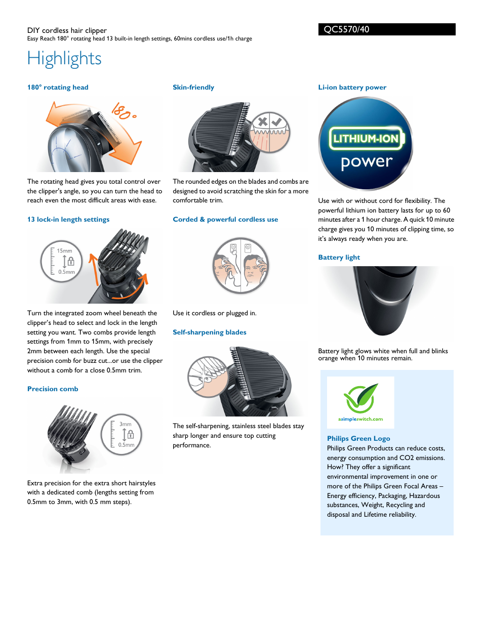 Highlights | Philips QC5570-40 User Manual | Page 2 / 3