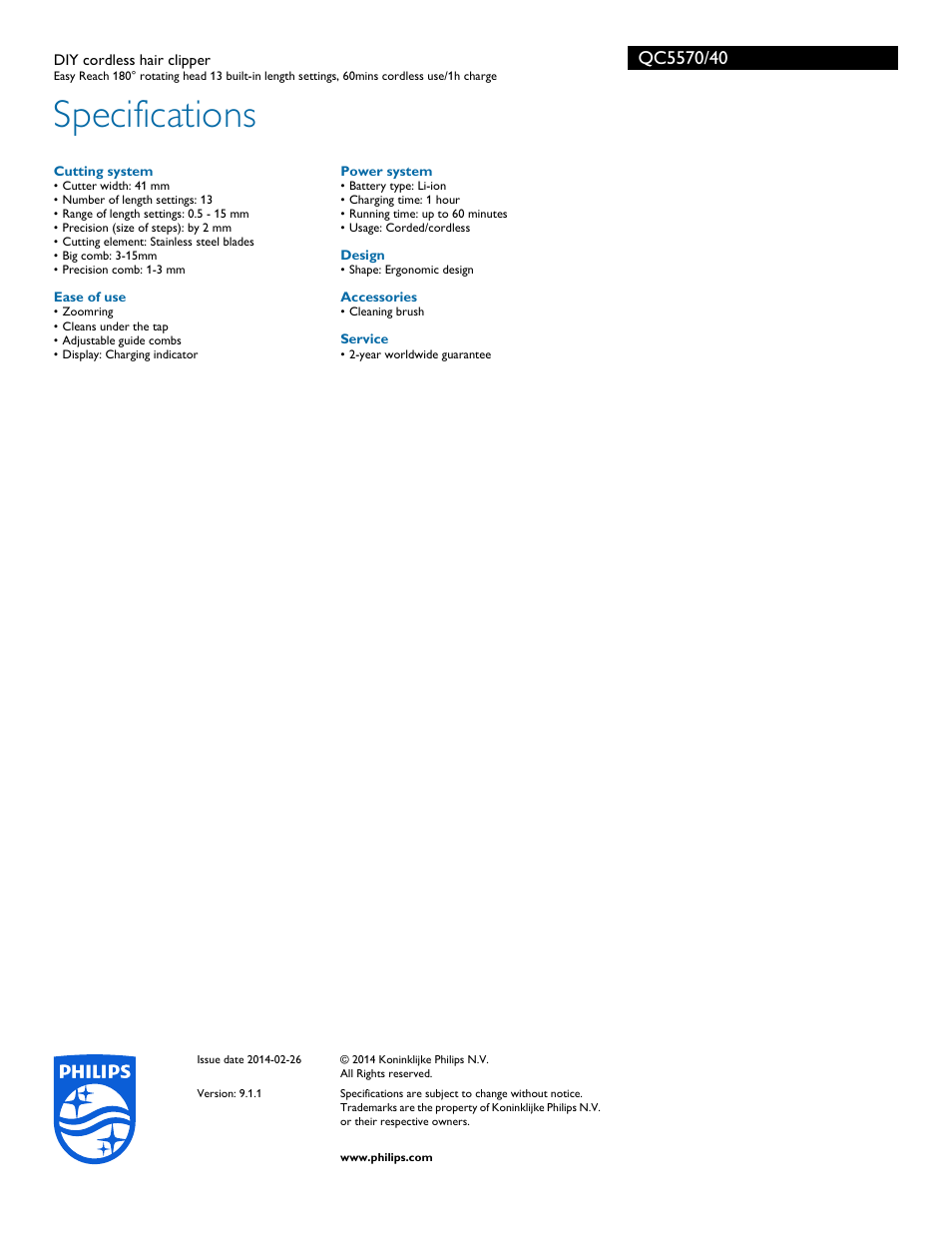 Specifications | Philips QC5570-40 User Manual | Page 3 / 3