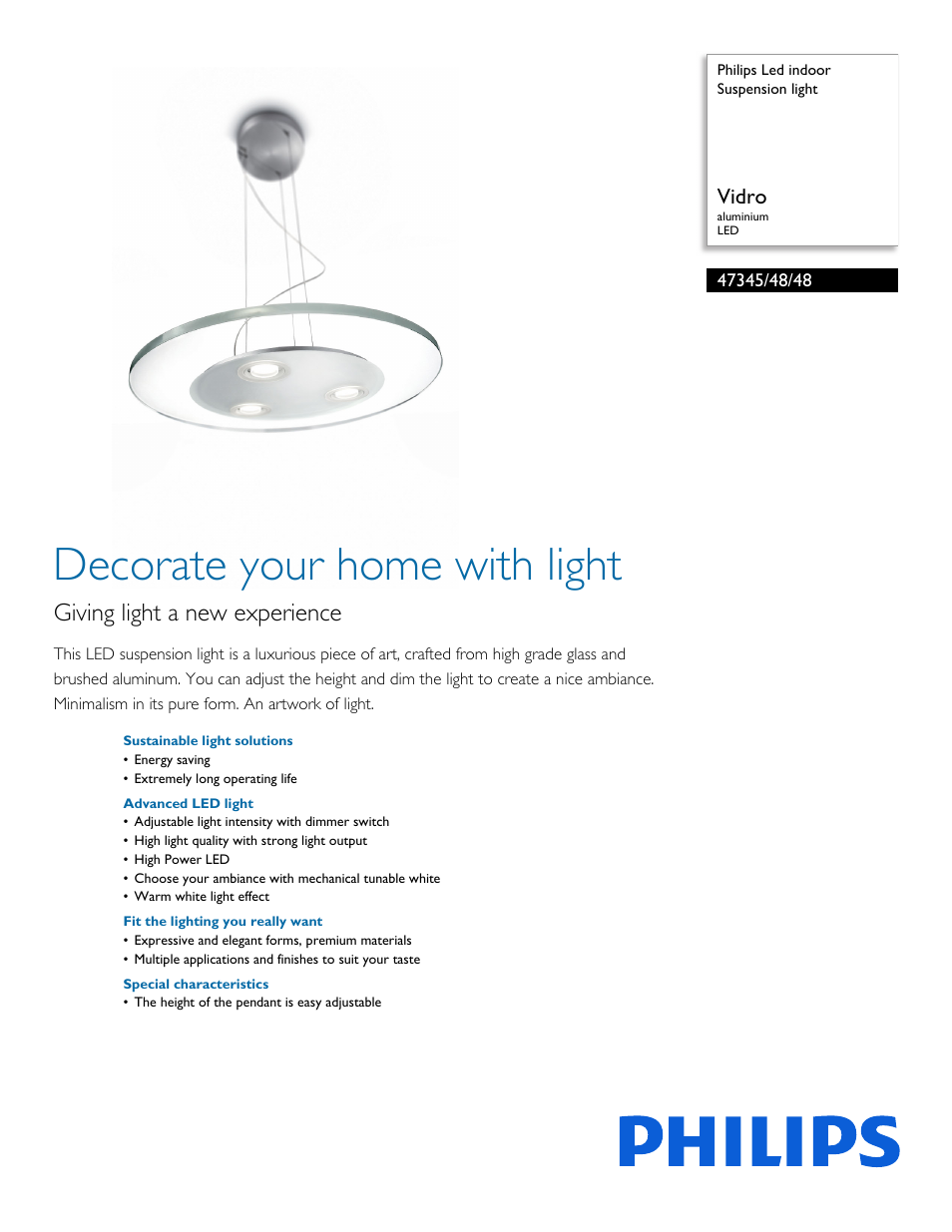 Philips Led indoor Suspension light 47345-48-48 Vidro aluminium LED User Manual | 3 pages