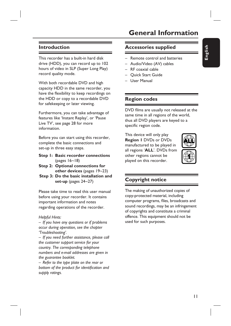 General information | Philips DVDR3350H-37 User Manual | Page 11 / 75