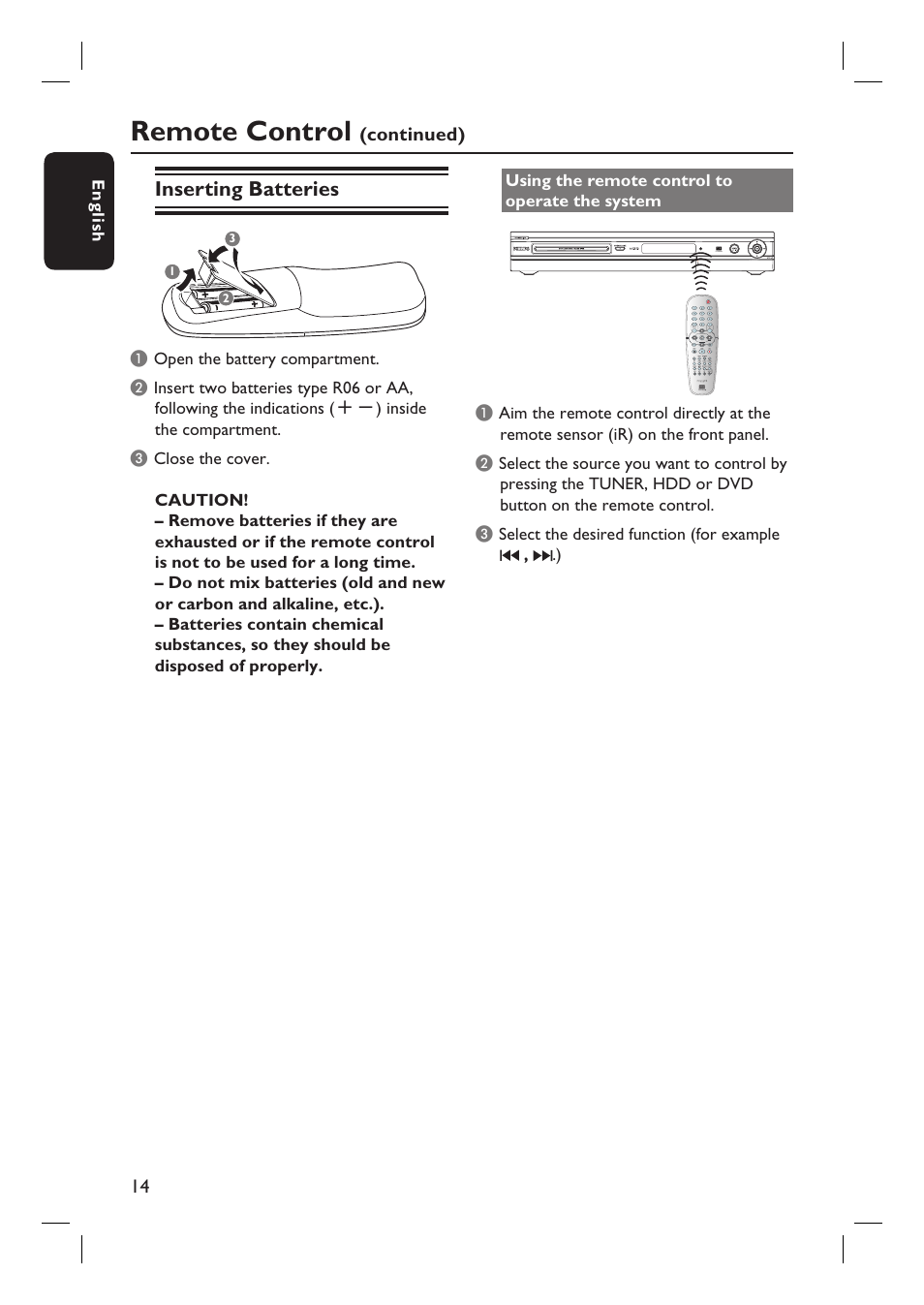 Remote control, Inserting batteries | Philips DVDR3350H-37 User Manual | Page 14 / 75