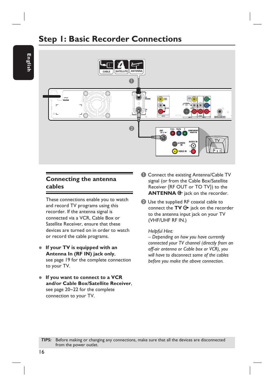 Step 1: basic recorder connections, Connecting the antenna cables, Eng li sh | Philips DVDR3350H-37 User Manual | Page 16 / 75