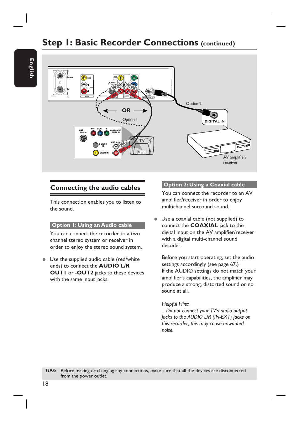 Step 1: basic recorder connections, Connecting the audio cables, Continued) | Eng li sh | Philips DVDR3350H-37 User Manual | Page 18 / 75