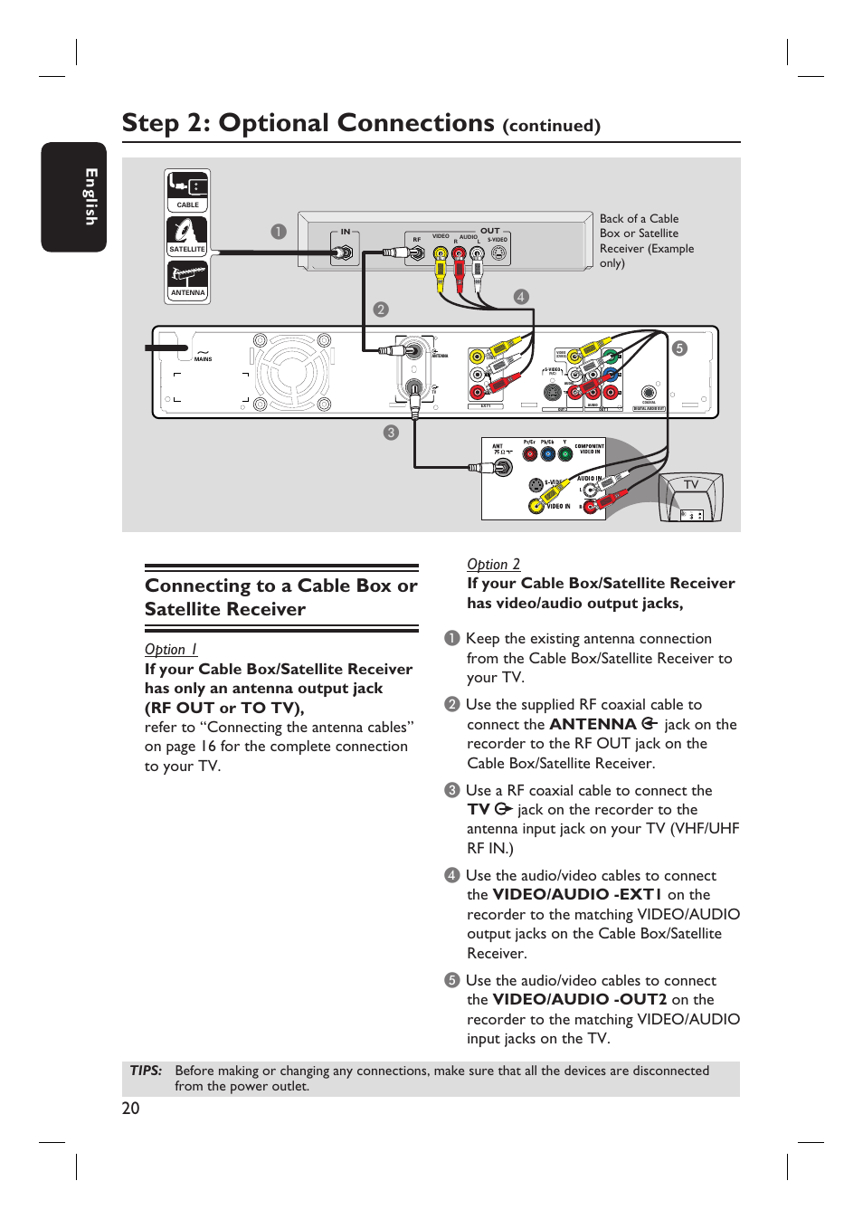 Step 2: optional connections, Connecting to a cable box or satellite receiver, Continued) | Eng li sh, Ab c | Philips DVDR3350H-37 User Manual | Page 20 / 75