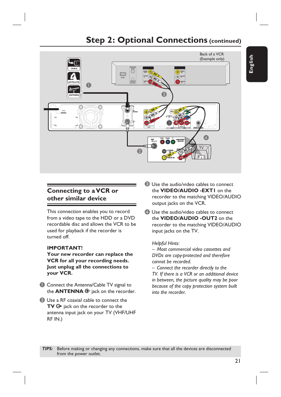 Step 2: optional connections, Connecting to a vcr or other similar device, Continued) | Eng li sh, Ab c, Back of a vcr (example only) | Philips DVDR3350H-37 User Manual | Page 21 / 75