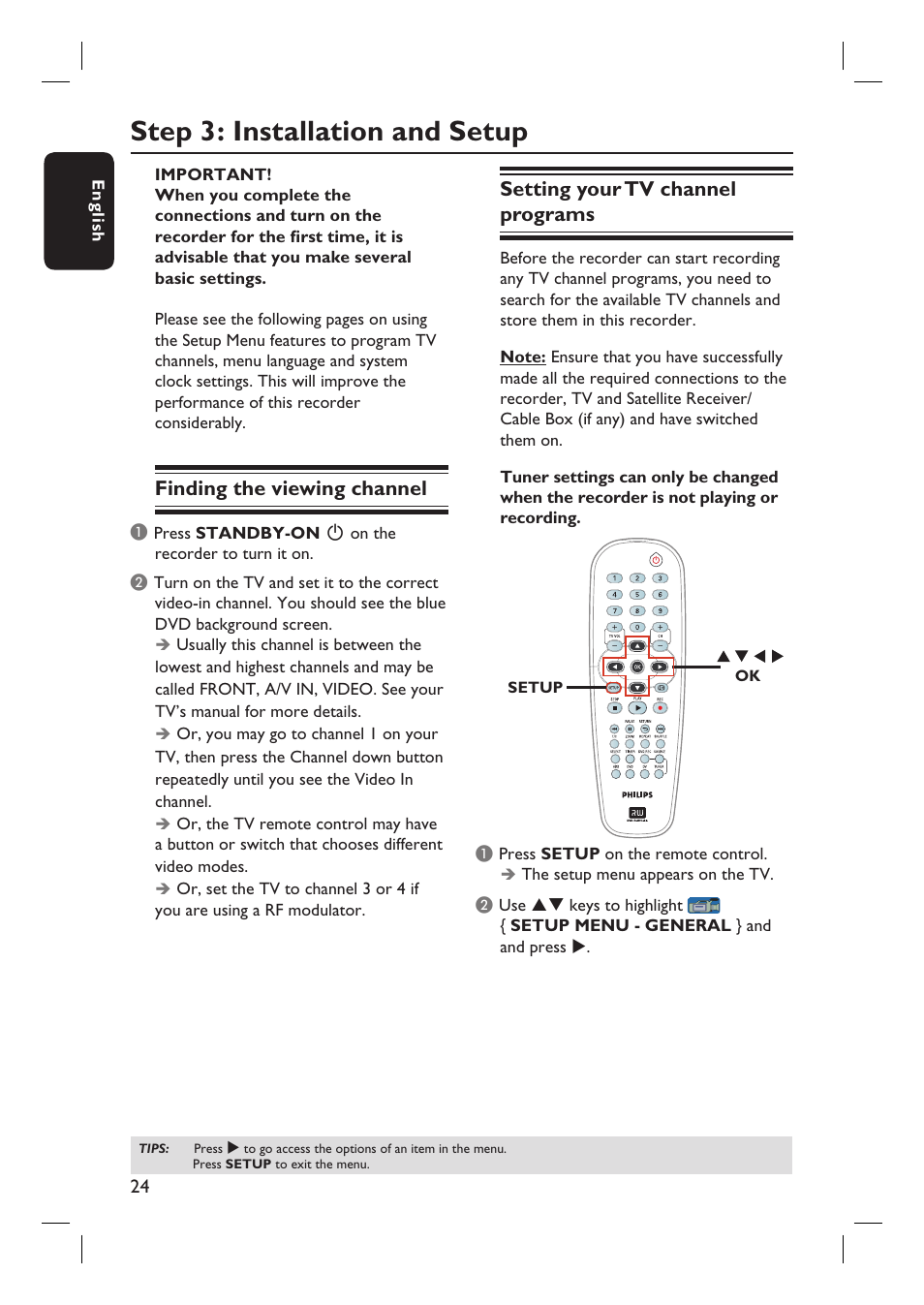 Step 3: installation and setup, Finding the viewing channel, Setting your tv channel programs | Philips DVDR3350H-37 User Manual | Page 24 / 75