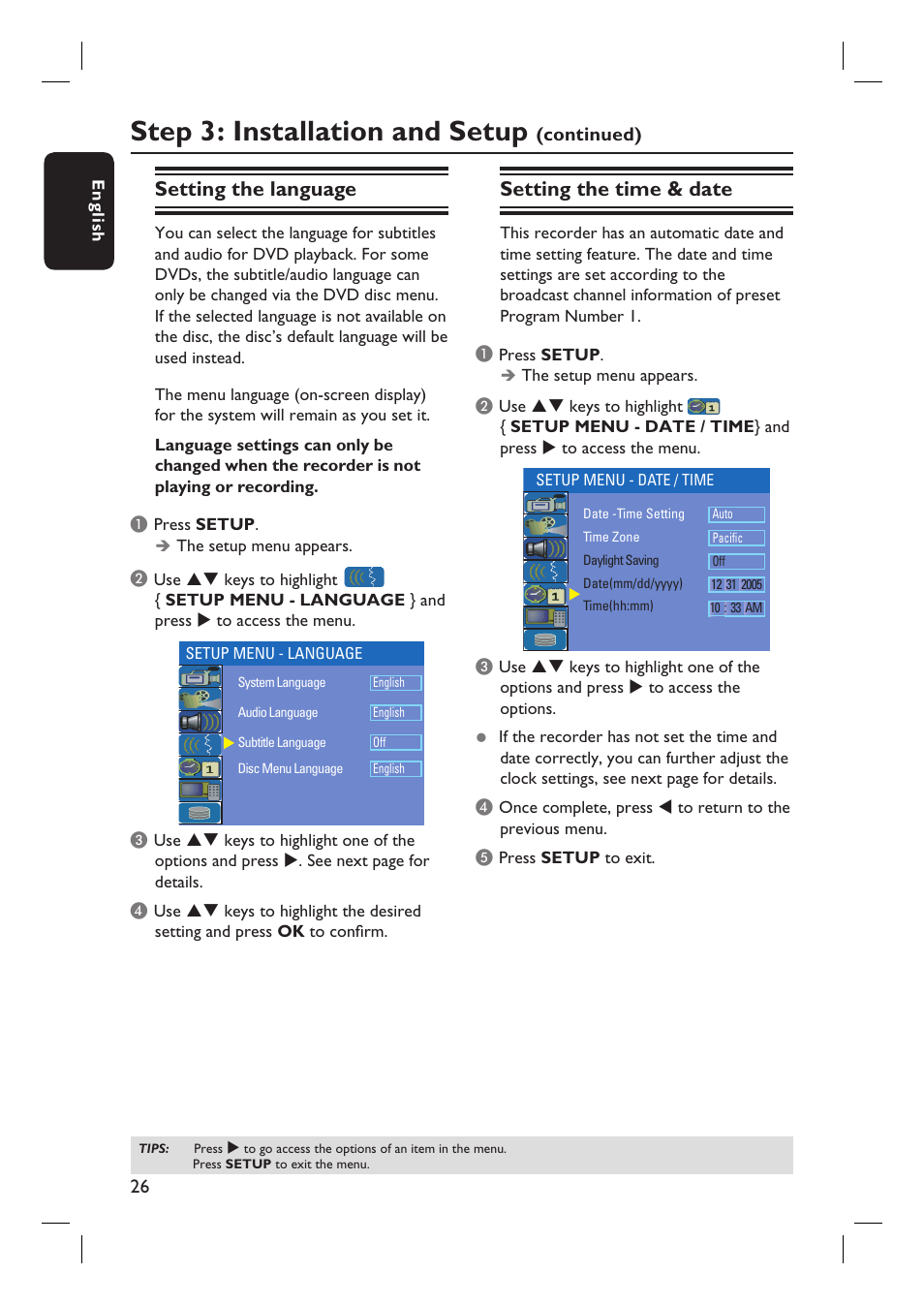 Step 3: installation and setup, Setting the language, Setting the time & date | Philips DVDR3350H-37 User Manual | Page 26 / 75