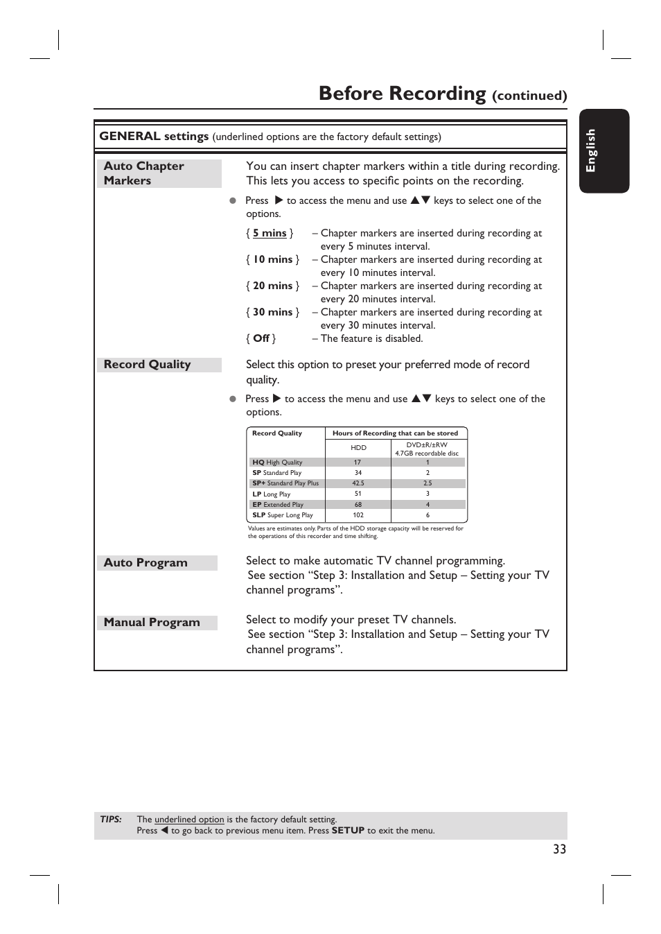Before recording, Continued) | Philips DVDR3350H-37 User Manual | Page 33 / 75