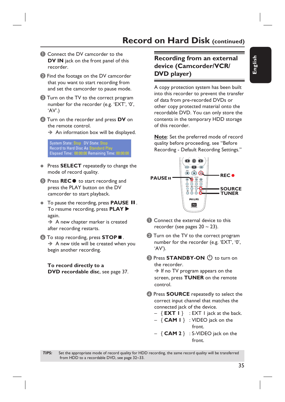 Record on hard disk | Philips DVDR3350H-37 User Manual | Page 35 / 75