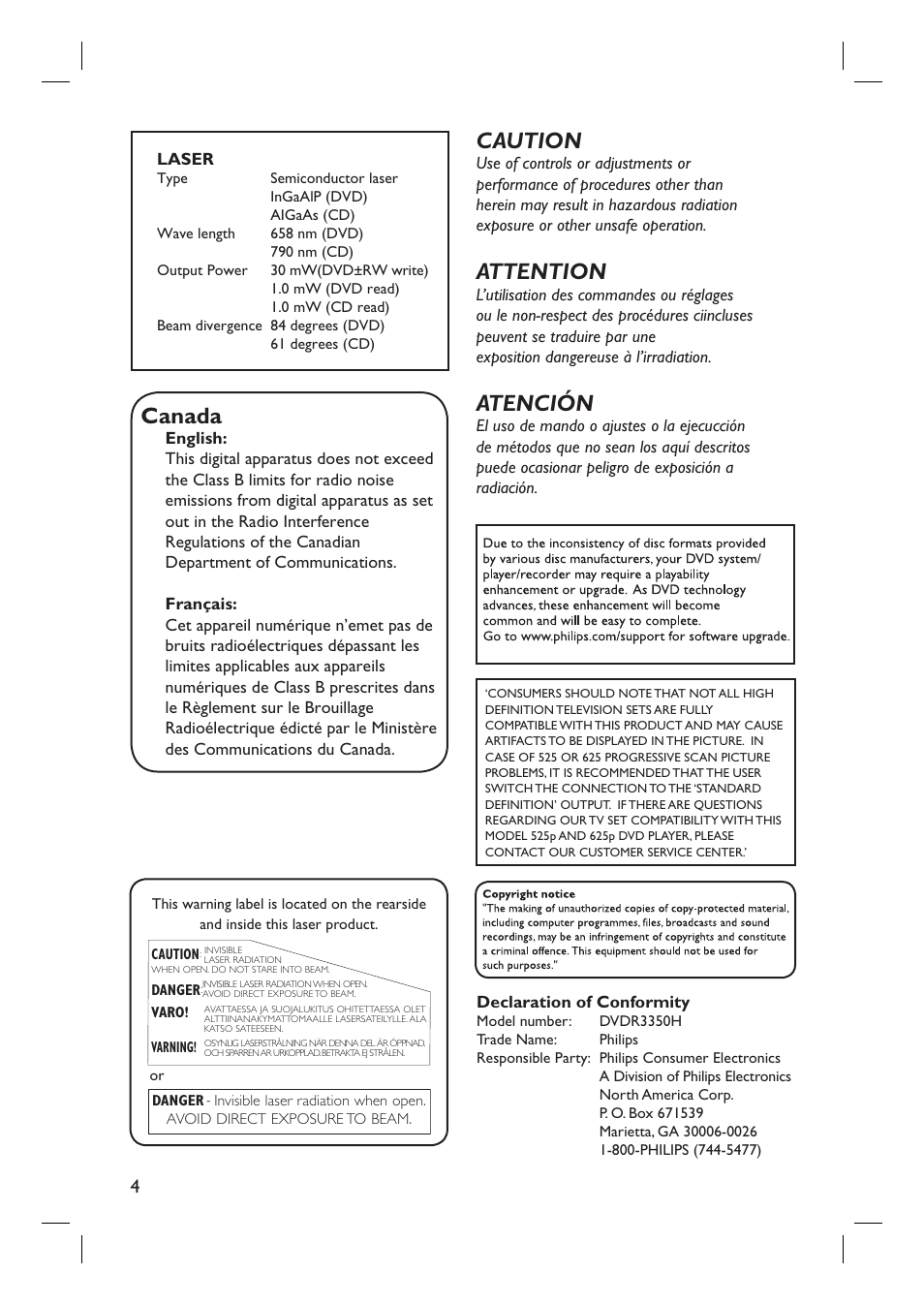 Caution, Attention, Atención | Canada | Philips DVDR3350H-37 User Manual | Page 4 / 75