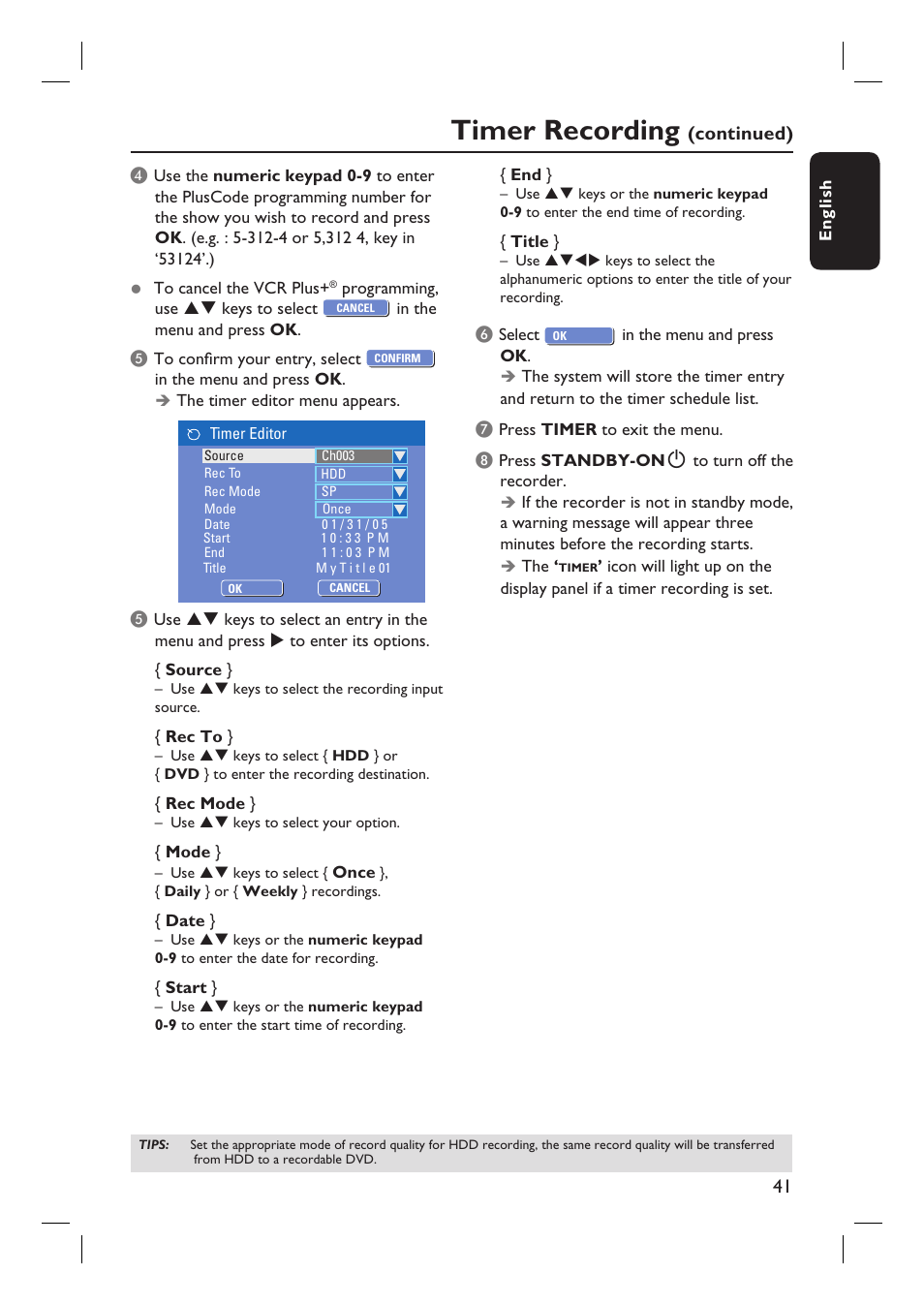 Timer recording, Continued) | Philips DVDR3350H-37 User Manual | Page 41 / 75