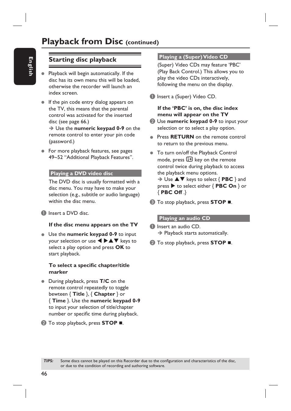 Playback from disc, Starting disc playback | Philips DVDR3350H-37 User Manual | Page 46 / 75