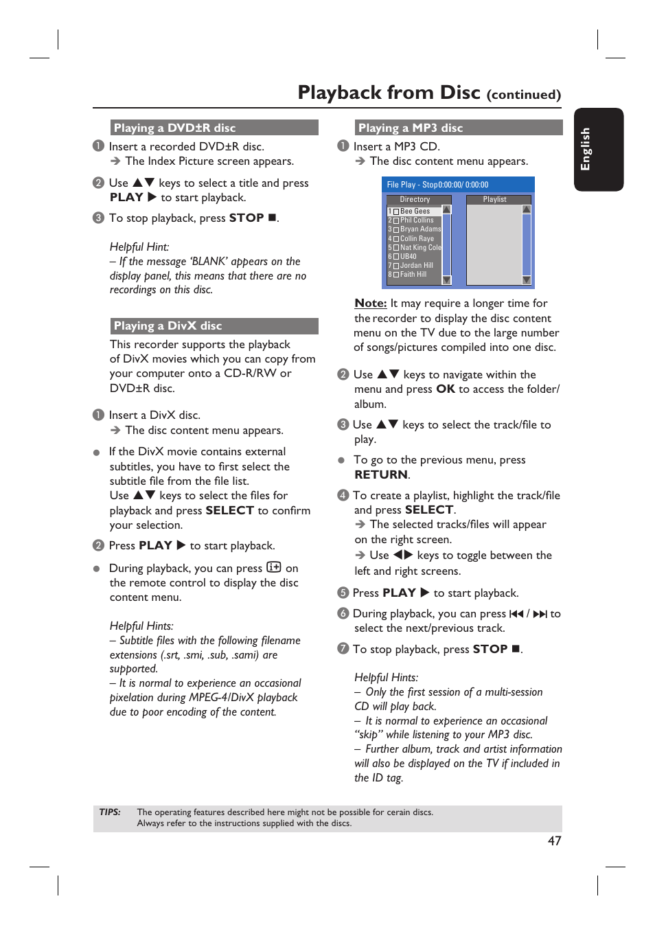 Playback from disc | Philips DVDR3350H-37 User Manual | Page 47 / 75