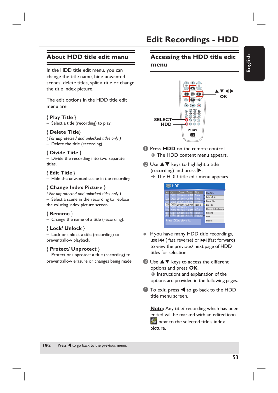 Edit recordings - hdd, About hdd title edit menu, Accessing the hdd title edit menu | Eng li sh, Delete title, Divide title, Edit title, Change index picture, Rename, Lock/ unlock | Philips DVDR3350H-37 User Manual | Page 53 / 75