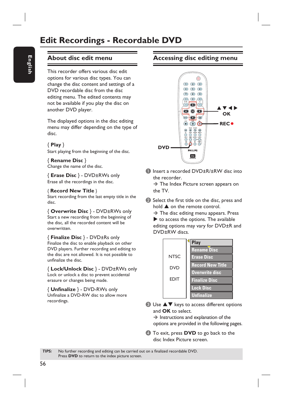 Edit recordings - recordable dvd, About disc edit menu, Accessing disc editing menu | Philips DVDR3350H-37 User Manual | Page 56 / 75