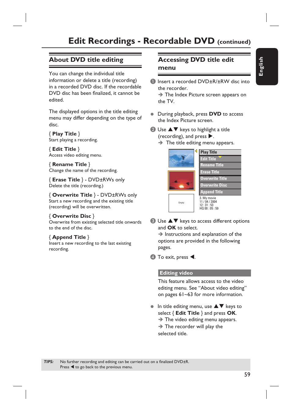 Edit recordings - recordable dvd, About dvd title editing, Accessing dvd title edit menu | Philips DVDR3350H-37 User Manual | Page 59 / 75