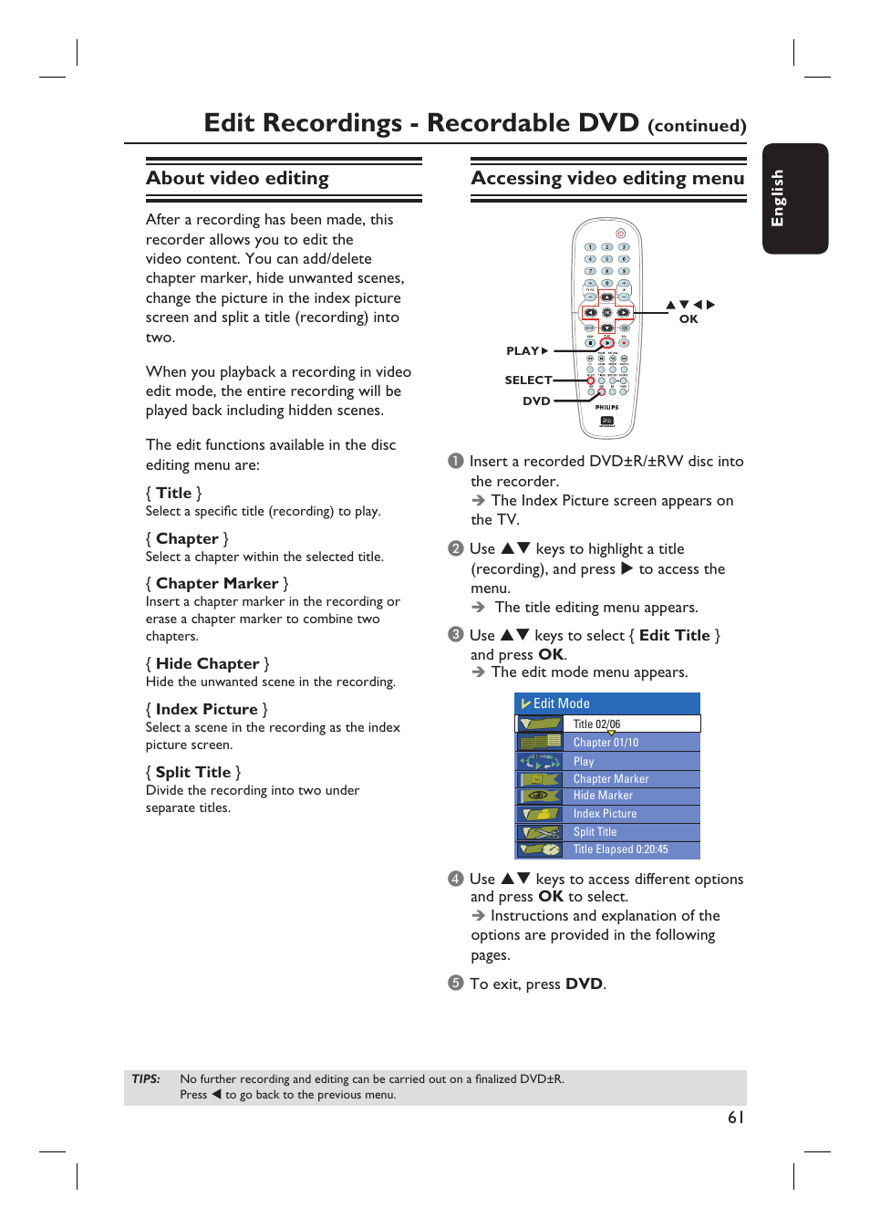 Edit recordings - recordable dvd, About video editing, Accessing video editing menu | Philips DVDR3350H-37 User Manual | Page 61 / 75