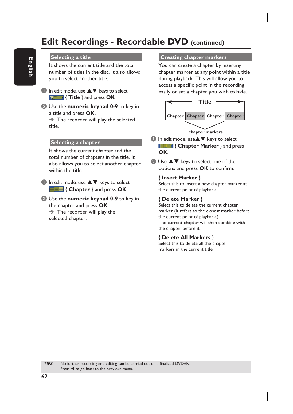 Edit recordings - recordable dvd | Philips DVDR3350H-37 User Manual | Page 62 / 75