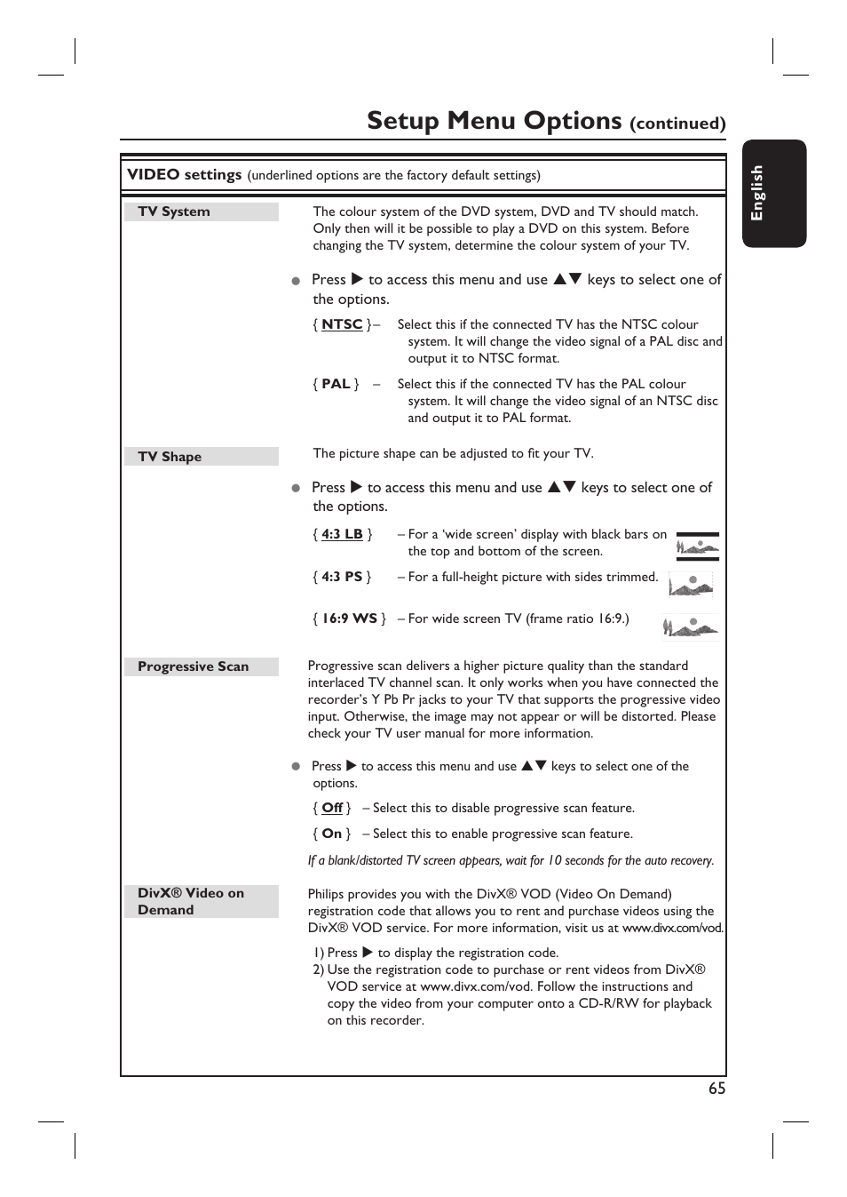 Setup menu options | Philips DVDR3350H-37 User Manual | Page 65 / 75