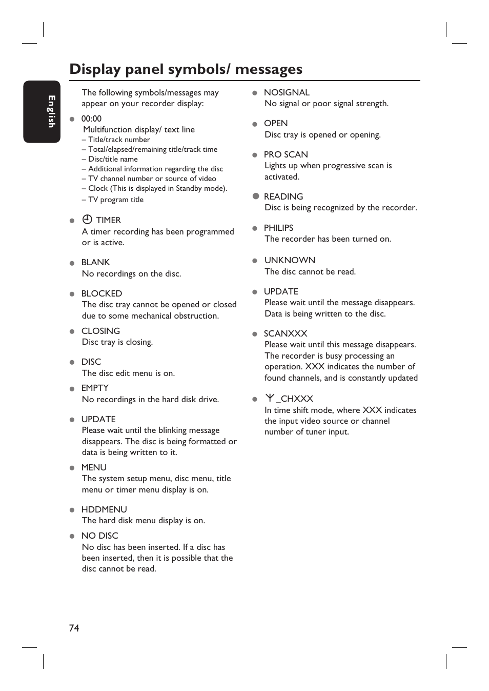 Display panel symbols/ messages | Philips DVDR3350H-37 User Manual | Page 74 / 75