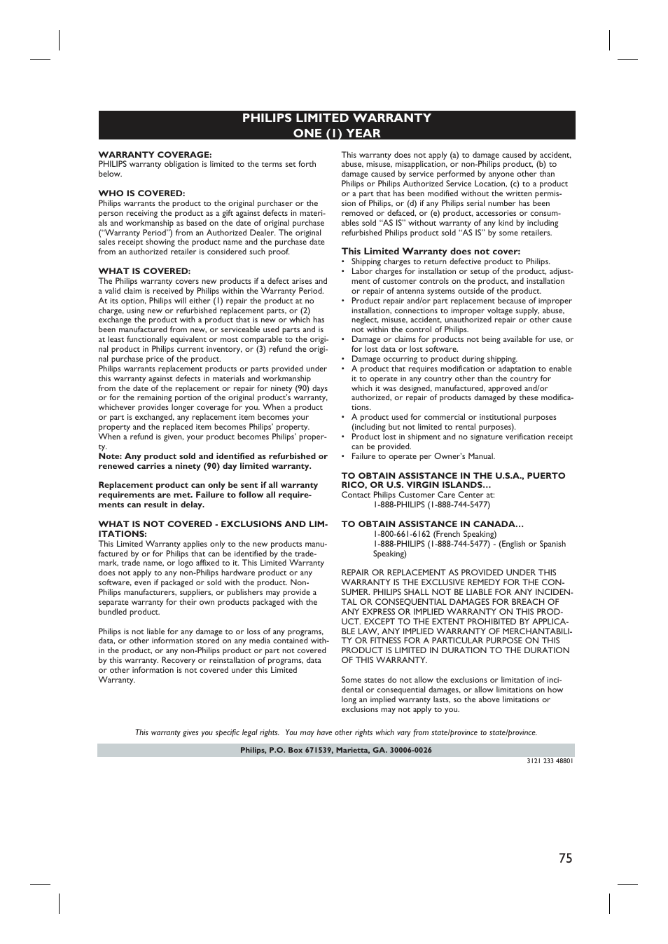 Eng li sh, Philips limited warranty one (1) year | Philips DVDR3350H-37 User Manual | Page 75 / 75