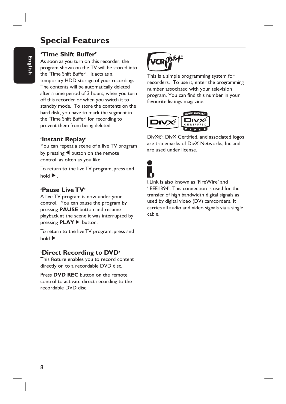 Special features | Philips DVDR3350H-37 User Manual | Page 8 / 75