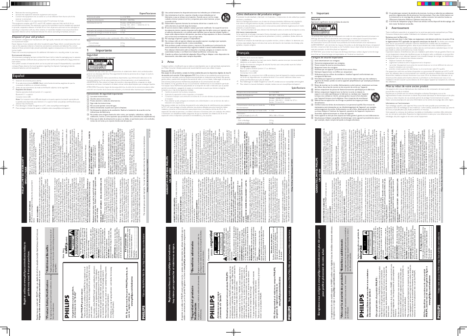 Español, Seguridad, Sécurité | 1importante, Safety, Français | Philips AS140-37 User Manual | Page 2 / 2