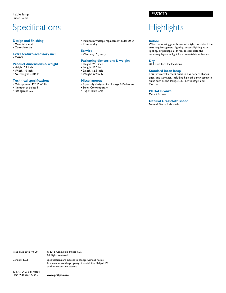 Specifications, Highlights | Philips F653070 User Manual | Page 2 / 2