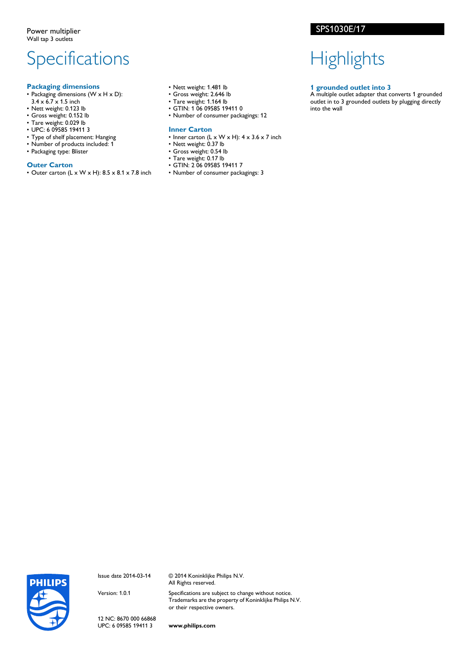 Specifications, Highlights | Philips SPS1030E-17 User Manual | Page 2 / 2