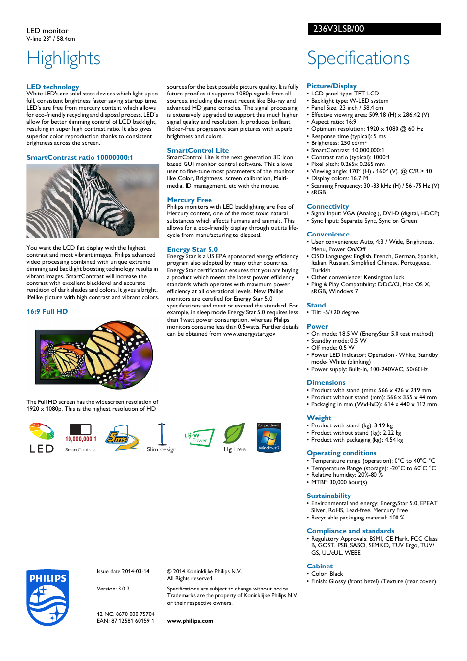 Highlights, Specifications | Philips 236V3LSB-00 User Manual | Page 2 / 2