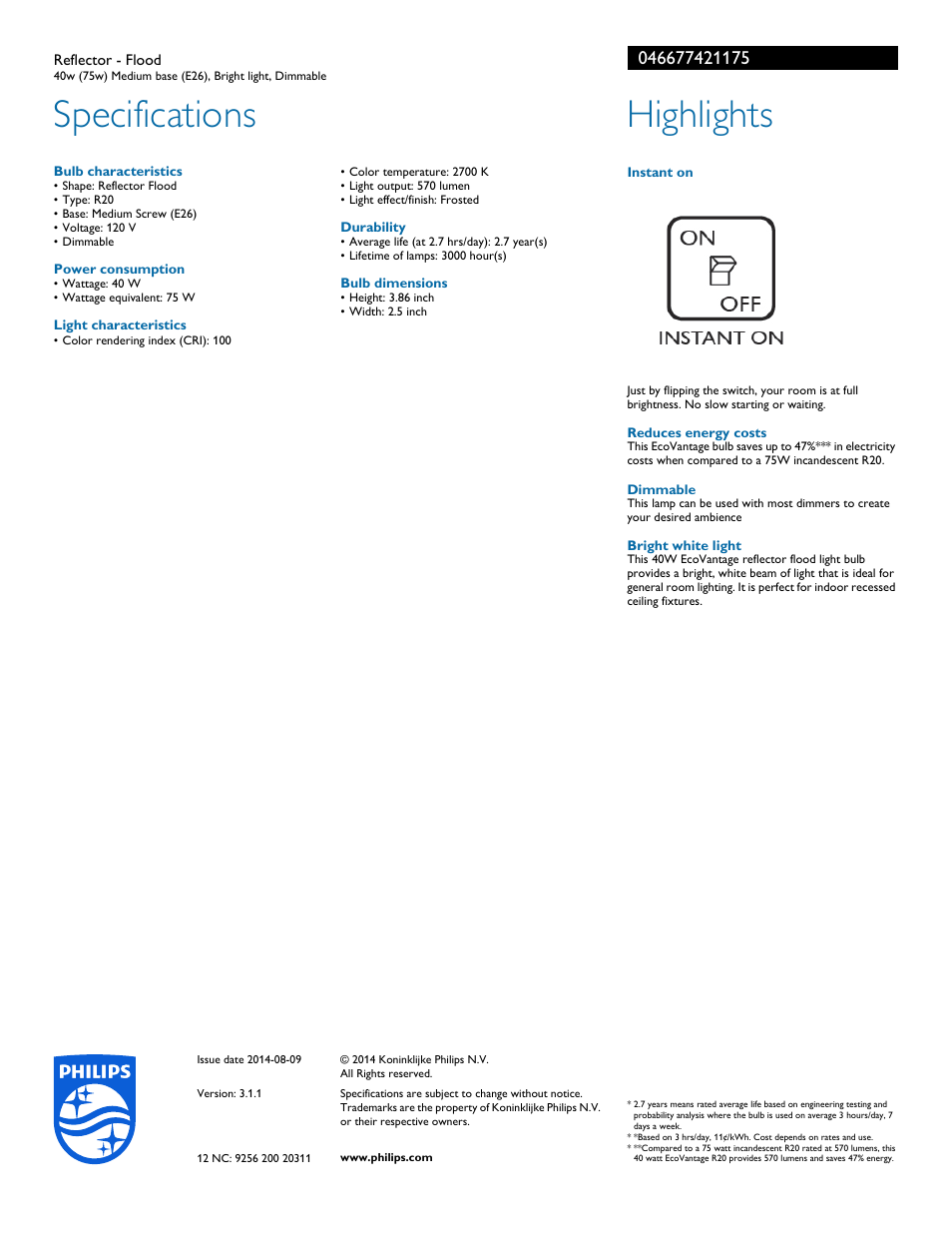 Specifications, Highlights | Philips 046677421175 User Manual | Page 2 / 2