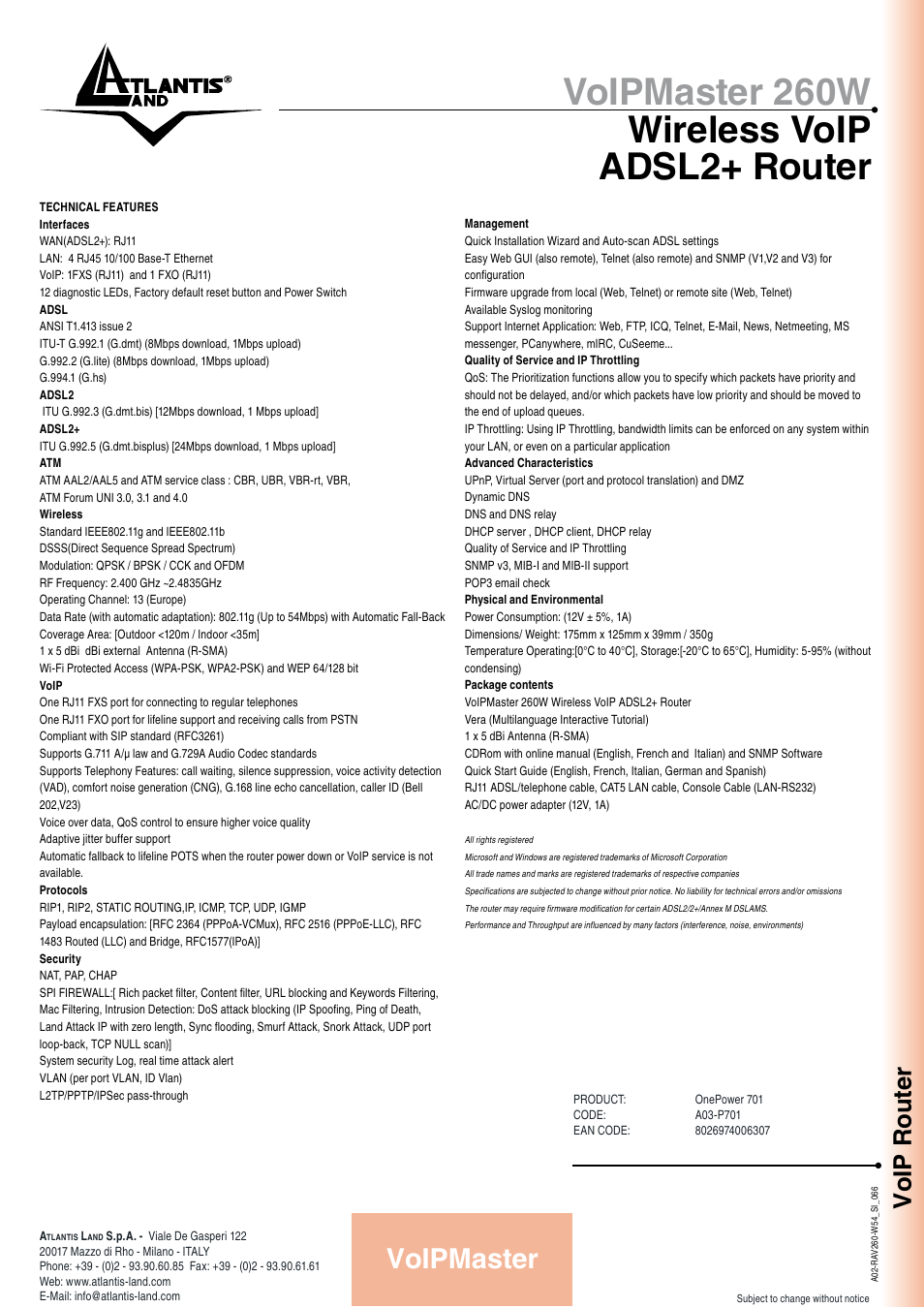 Voipmaster 260w wireless voip adsl2+ router, Voipmaster, Voip router | Atlantis Land ADSL2+ User Manual | Page 2 / 2