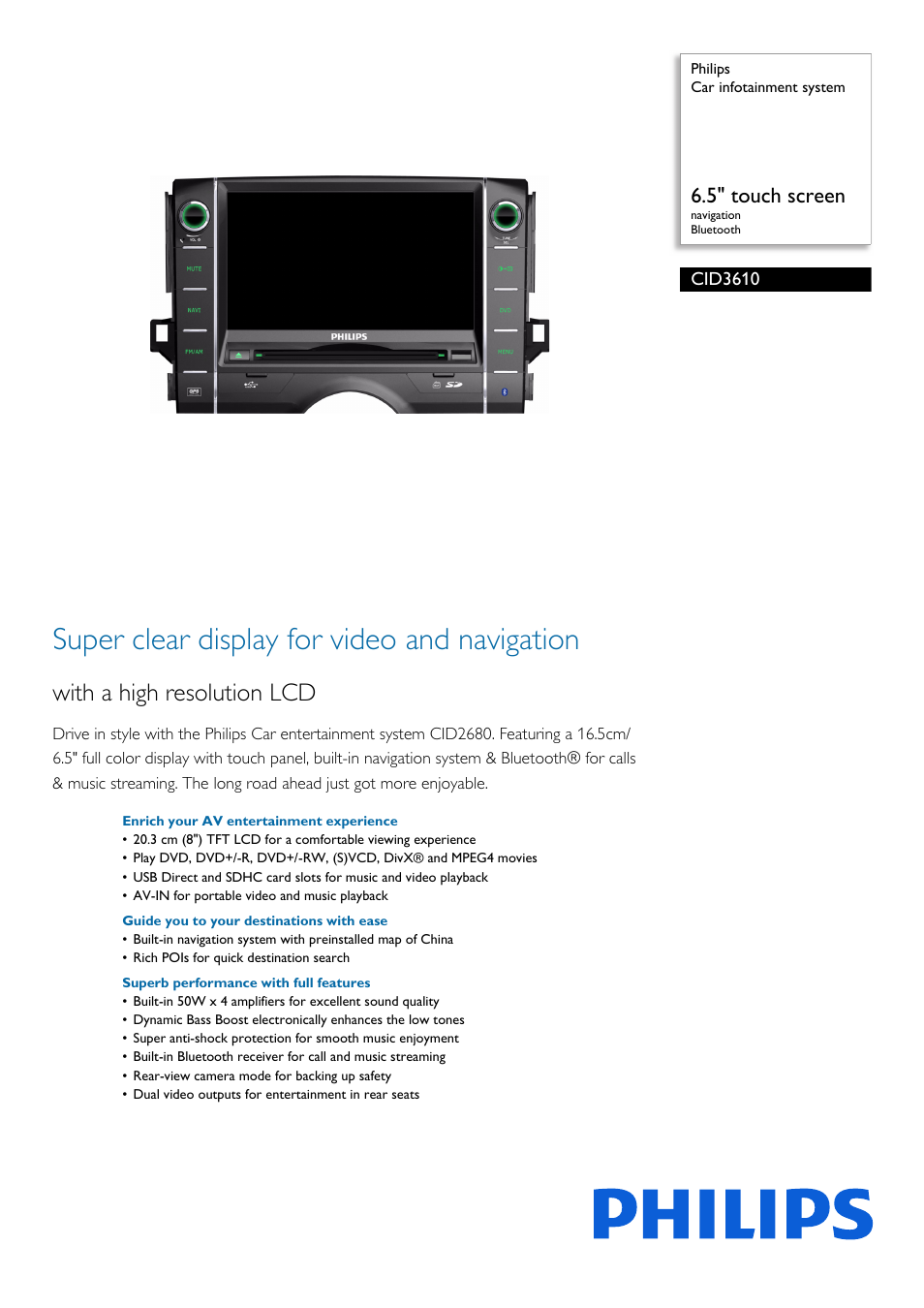 Philips Car infotainment system CID3610 6.5" touch screen navigation Bluetooth User Manual | 3 pages