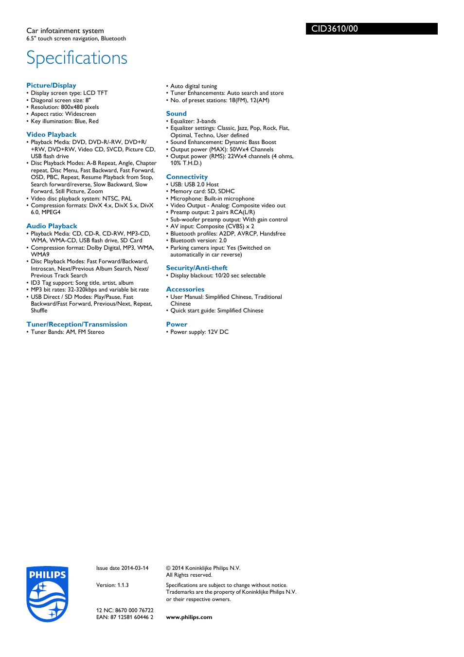 Specifications | Philips Car infotainment system CID3610 6.5" touch screen navigation Bluetooth User Manual | Page 3 / 3
