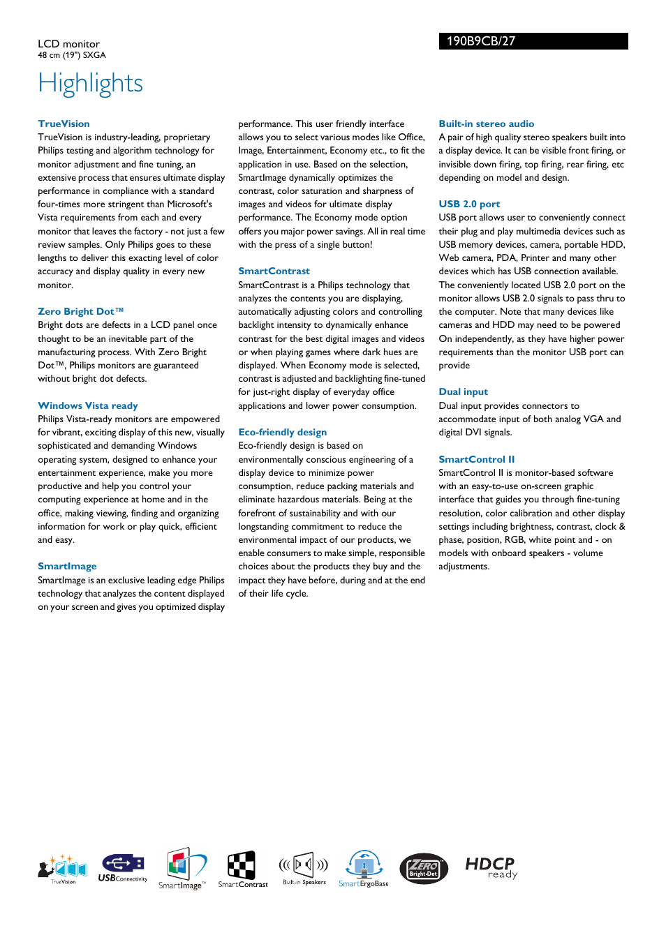 Highlights | Philips 190B9CB-27 User Manual | Page 2 / 3