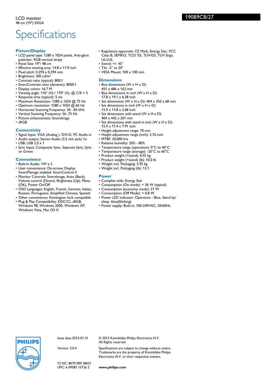 Specifications | Philips 190B9CB-27 User Manual | Page 3 / 3