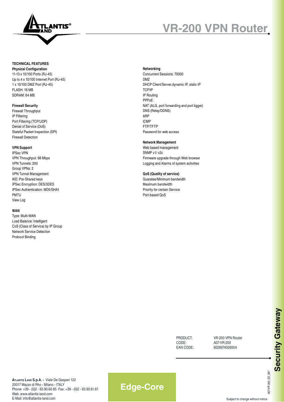 Vr-200 vpn router, Edge-core, Security gateway | Atlantis Land A07-VR-200 User Manual | Page 2 / 2
