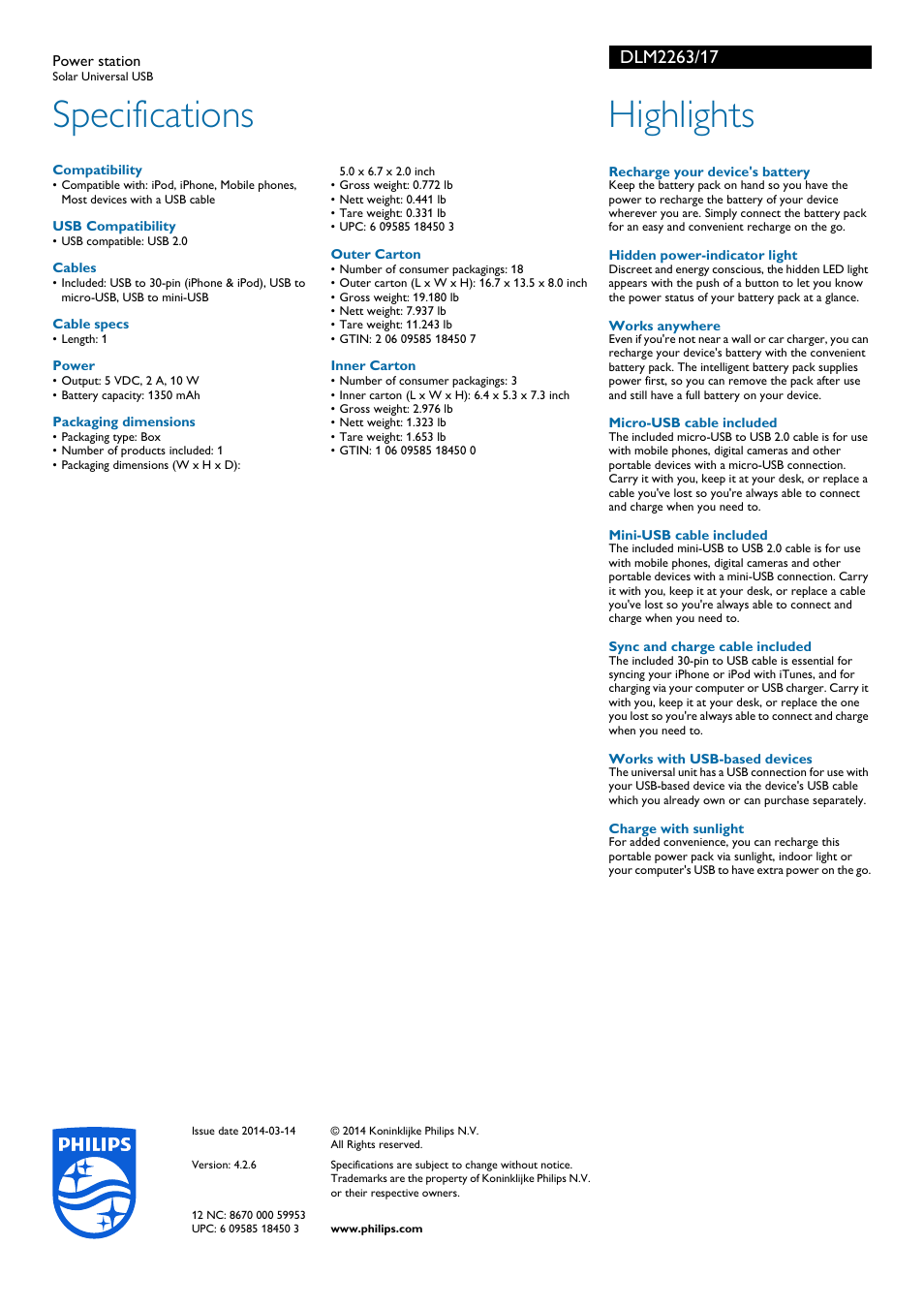 Specifications, Highlights | Philips DLM2263-17 User Manual | Page 2 / 2