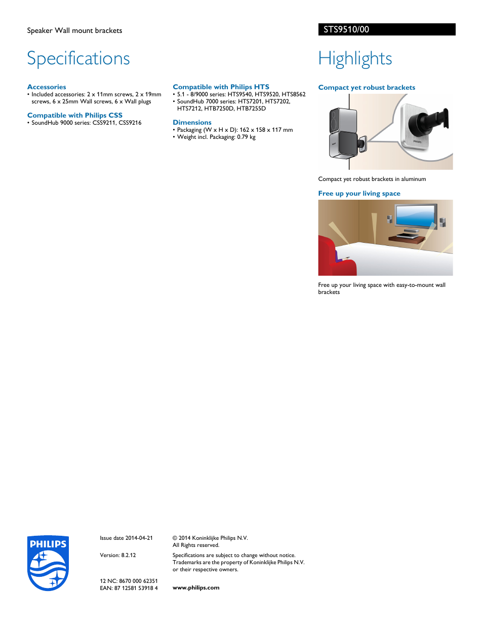 Specifications, Highlights | Philips Speaker Wall mount brackets STS9510 User Manual | Page 2 / 2