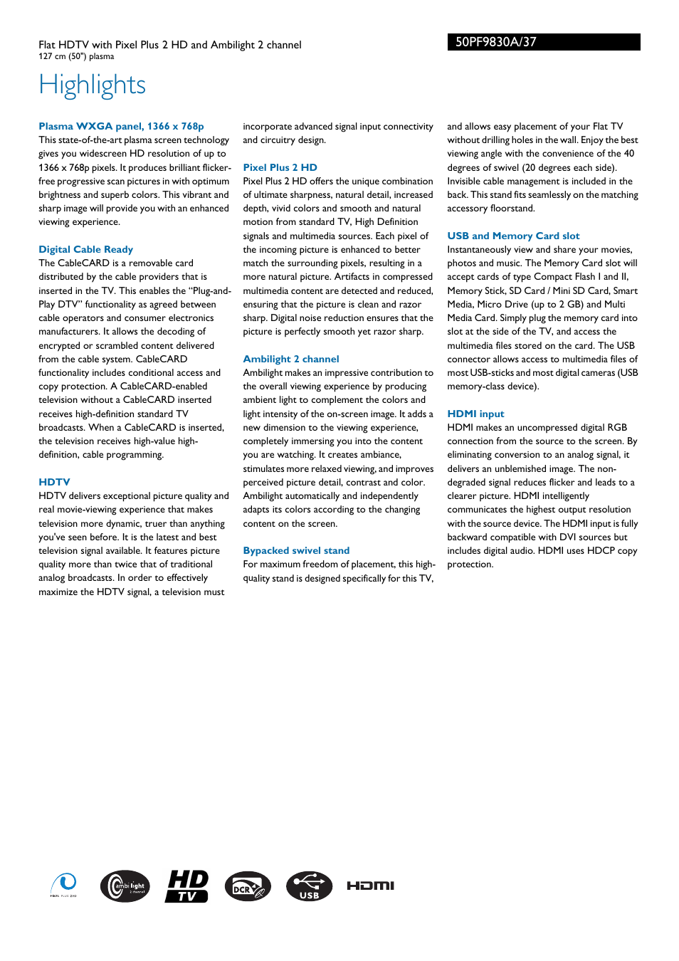 Highlights | Philips 50PF9830A-37 User Manual | Page 2 / 3