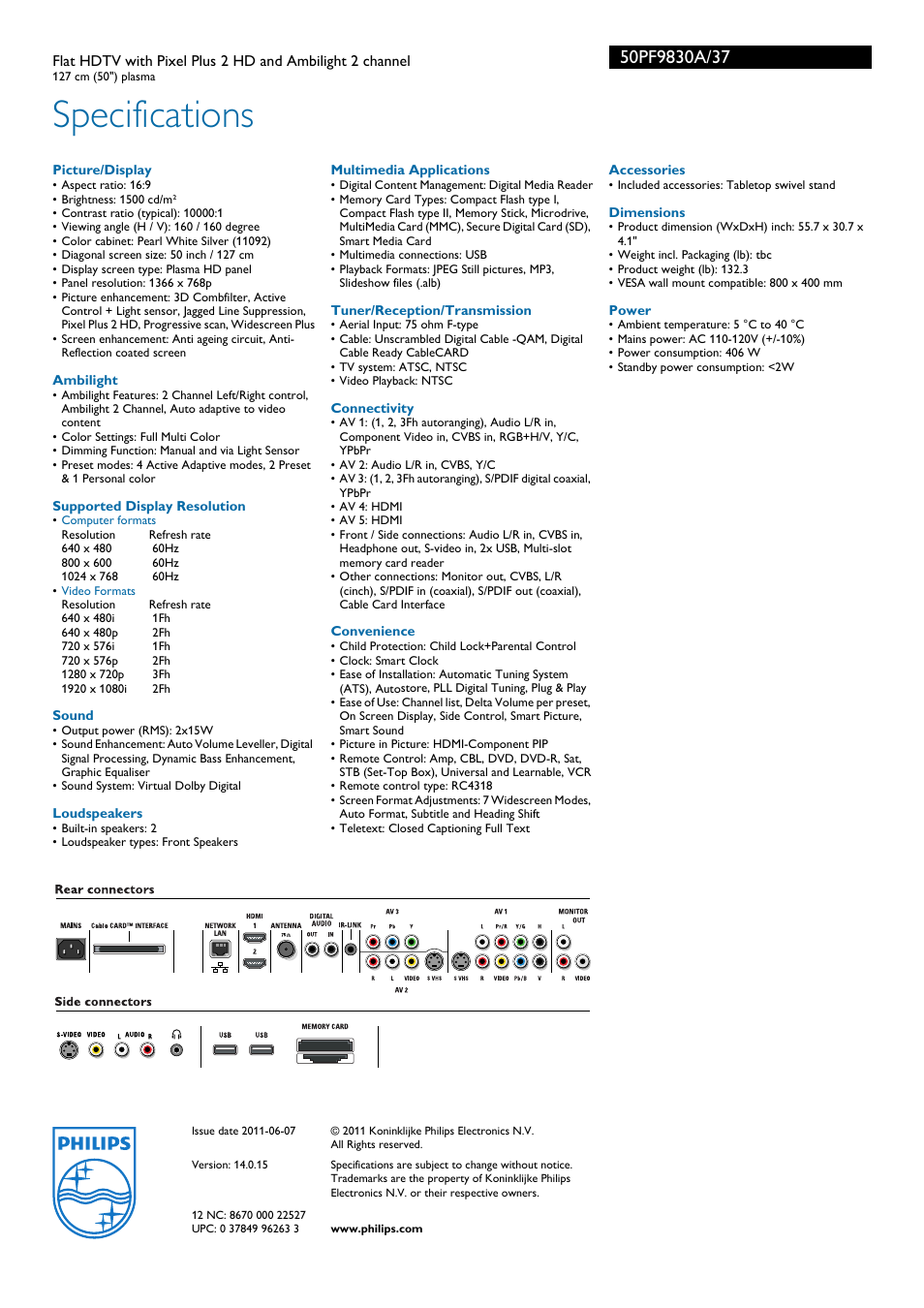 Specifications | Philips 50PF9830A-37 User Manual | Page 3 / 3